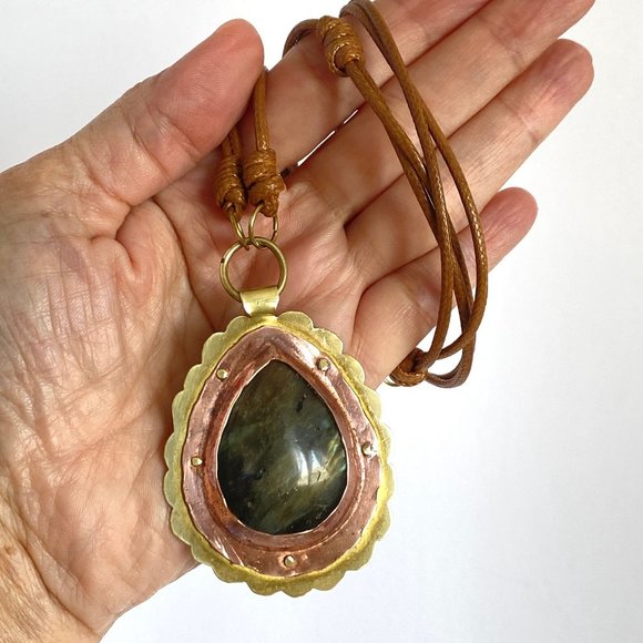 Labradorite Brutalist Handmade Cold Connections Copper and Brass Pendant Necklac - Picture 9 of 9